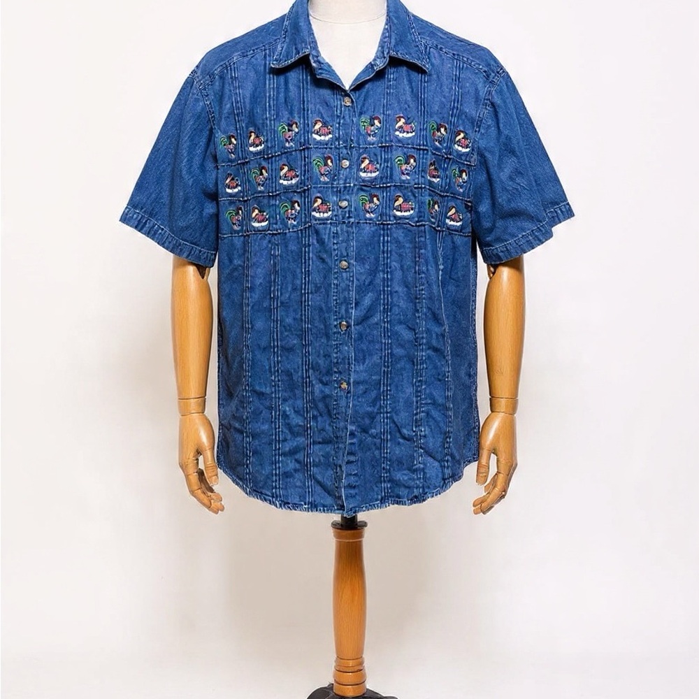 Mándale Bay Men's Blue Denim Short-Sleeve Embroidered Button-Down Shirt